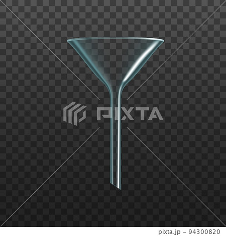 Glass funnel, transparent plastic filter or chemistry lab equipment, vector 3d. Laboratory experiment tube, realistic glass funnel for filtering or distilling, volumetric cylinder test with cone neck Glass funnel, transparent plastic filter or chemistry lab equipment, vector 3d. Laboratory experiment tube, realistic glass funnel for filtering or distilling, volumetric cylinder test with cone neck 94300820