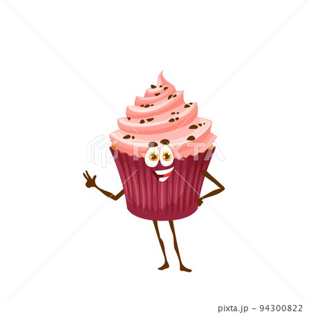 Cartoon cheerful raspberry cupcake character. Isolated vector confectionery cake or muffin kids menu personage with cream swirl and chocolate sprinkles. Pastry or bakery dessert, funny patisserie pie 94300822