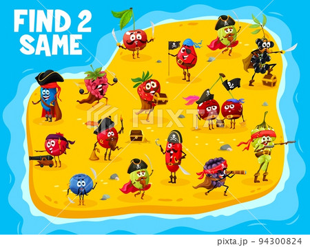Find two same berry pirates on island. Game worksheet. Kids puzzle game, vector quiz with strawberry and raspberry, grape and cherry, blueberry and blackberry, rosehip and honeyberry funny characters 94300824