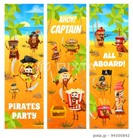 Cartoon pirates fastfood characters on treasure island. Vector banners with funny nachos, tacos, burger and donut, hot dog and coffee cup, pizza , pop corn or french fries pirate personages 94300842