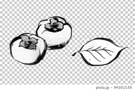 筆のにじみをいかして描いた柿の和風イラスト（水墨画）のイラスト素材