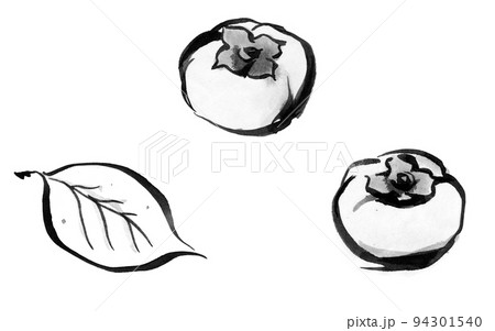 筆のにじみをいかして描いた柿の和風イラスト 水墨画 のイラスト素材 筆のにじみをいかして描いた柿の和風イラスト 水墨画 のイラスト素材