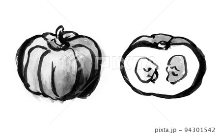 筆のにじみをいかして描いたかぼちゃの和風イラスト（水墨画） 94301542
