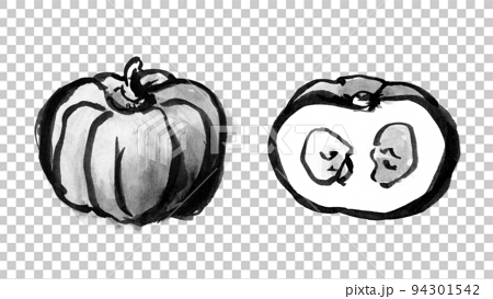 筆のにじみをいかして描いたかぼちゃの和風イラスト（水墨画） 94301542