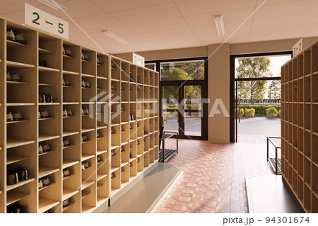 夕日が差し込む放課後の昇降口と下駄箱 / 学園ロケーション・青春とノスタルジーのコンセプトイメージ 夕日が差し込む放課後の昇降口と下駄箱 / 学園ロケーション・青春とノスタルジーのコンセプトイメージ 94301674