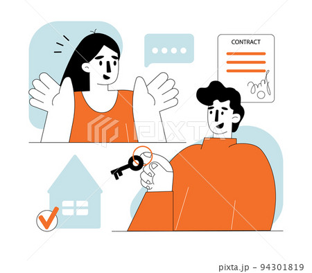 Real estate agent. Real estate business concept of a deal. Concept of Rent Real Estate, Home for Rent. Vector illustration for Web Design, Landing Page 94301819