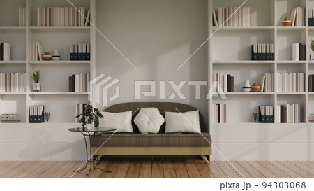 Modern cozy Scandinavian reading room or living room with built-in bookshelves and sofa Modern cozy Scandinavian reading room or living room with built-in bookshelves and sofa 94303068