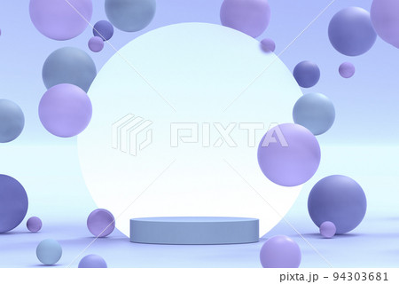 Abstract 3d rendering of podium for cosmetics, perfume, products presentation. Ready made scene. pink purple geometric figures flying next to violet matte pedestal. Futuristic stand mockup 94303681