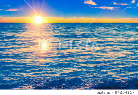 Sunset sea landscape. Colorful ocean beach sunrise. Colorful nature sea sky 94304317