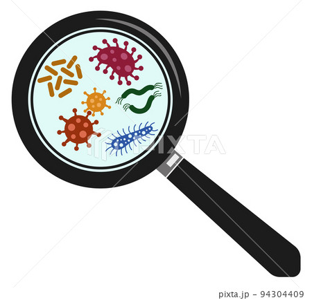 Microbes under magnifying glass. Biology research color icon Microbes under magnifying glass. Biology research color icon 94304409