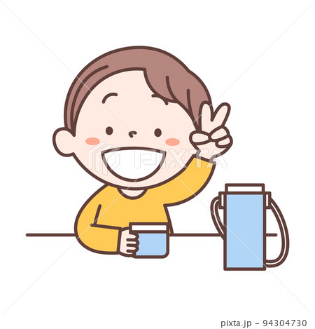 水筒で飲み物を飲んで休憩をしている男の子がピースをしているイラスト素材 94304730