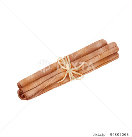 Three rolled sticks of cinnamon. Aromatic spice. Condiment for dishes. Detailed cartoon watercolor illustration isolated on white background. Three rolled sticks of cinnamon. Aromatic spice. Condiment for dishes. Detailed cartoon watercolor illustration isolated on white background. 94305068