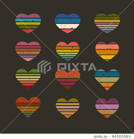 A set of striped colored hearts with the grunge effect 94305083