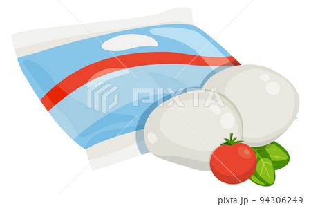 Mozarella icon. Cartoon soft cheese in plastic bag 94306249