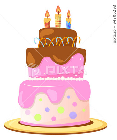Pink birthday cake with chocolate dripping on plate. Cartoon icon 94306293