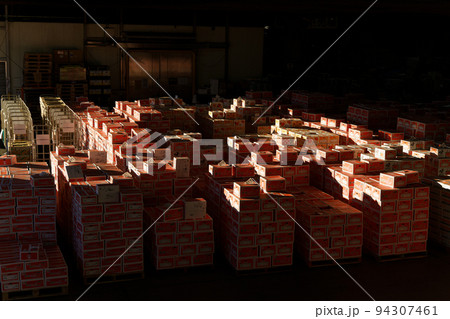 夜明けの市場で出荷を待つ多くのみかん箱 94307461