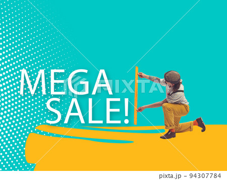 Poster for advertising seasonal sales, big discounts in online and offline stores. Concept of sales, black friday, cyber Monday, human emotions Poster for advertising seasonal sales, big discounts in online and offline stores. Concept of sales, black friday, cyber Monday, human emotions 94307784