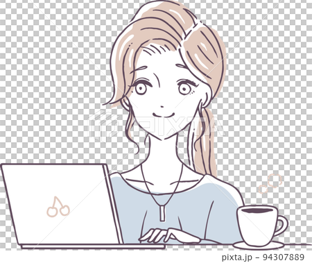 ノートパソコンでリモートワークをするおしゃれな女性のイラスト素材　在宅　コーヒー　PC　ノマド 94307889