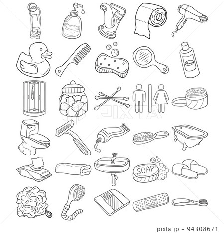 Bathroom Hand Drawn Doodle Line Art Outline Set Bathroom Hand Drawn Doodle Line Art Outline Set 94308671