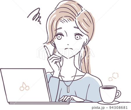 在宅ワークをしながら悩む女性のイラスト素材 リモートワーク 困り顔 在宅ワークをしながら悩む女性のイラスト素材 リモートワーク 困り顔 94308681