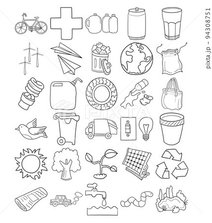 Earth Day Hand Drawn Doodle Line Art Outline Set 94308751