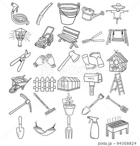 Garden Hand Drawn Doodle Line Art Outline Set 94308824