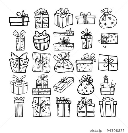 Gift Boxes Hand Drawn Doodle Line Art Outline Set 94308825