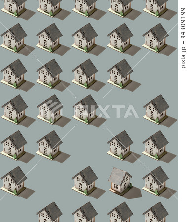 pattern with houses on a light gray background. models of houses in miniature and the key to the front door. sale 94309199