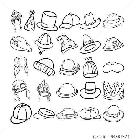 Hats Hand Drawn Doodle Line Art Outline Set 94309321