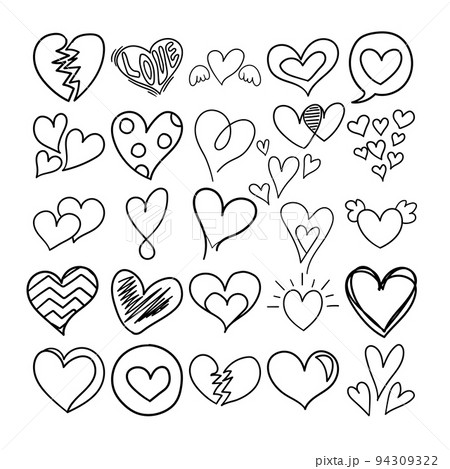 Hearts Hand Drawn Doodle Line Art Outline Set 94309322