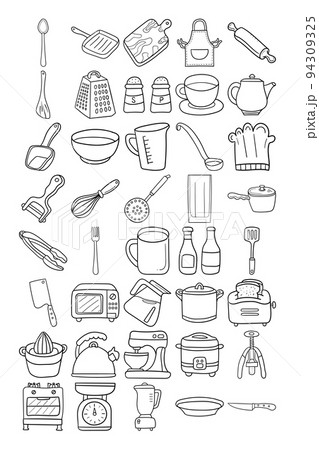 Kitchen Hand Drawn Doodle Line Art Outline Set 94309325