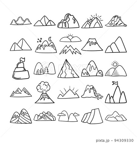 Mountains Hand Drawn Doodle Line Art Outline Set Mountains Hand Drawn Doodle Line Art Outline Set 94309330
