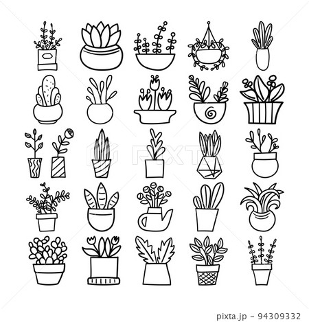 Plant Pots Hand Drawn Doodle Line Art Outline Set 94309332