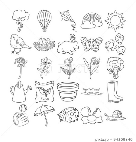 Spring Hand Drawn Doodle Line Art Outline Set Spring Hand Drawn Doodle Line Art Outline Set 94309340