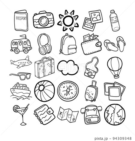 Travel Hand Drawn Doodle Line Art Outline Set 94309348