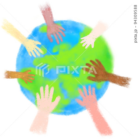 地球 ウクライナ中心 と世界の人々の手のかわいいイラストのイラスト素材