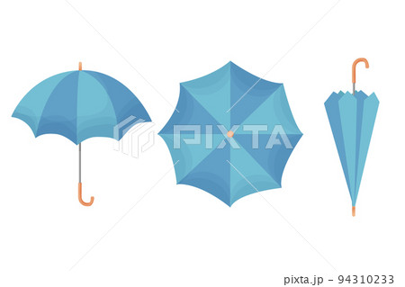 Set Open and closed blue umbrella, handle accessory in cartoon style isolated on white background.  94310233