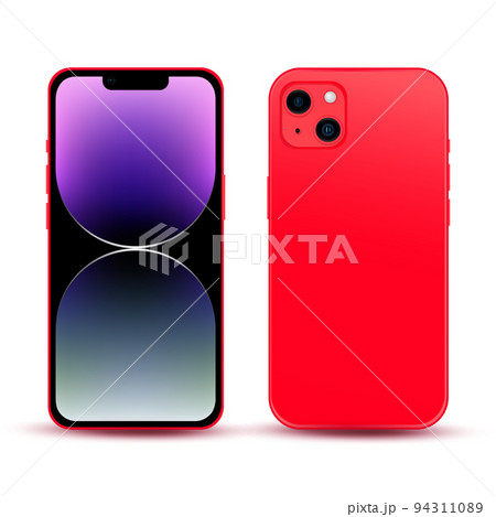 Red smartphone, model phone 14, IT industry novelty, original wallpaper, mockup for web design on a white background - Vector 94311089