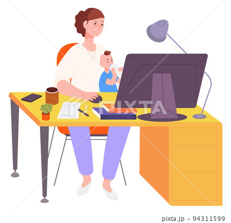 Woman working on computer with baby. Freelancing mother Woman working on computer with baby. Freelancing mother 94311599