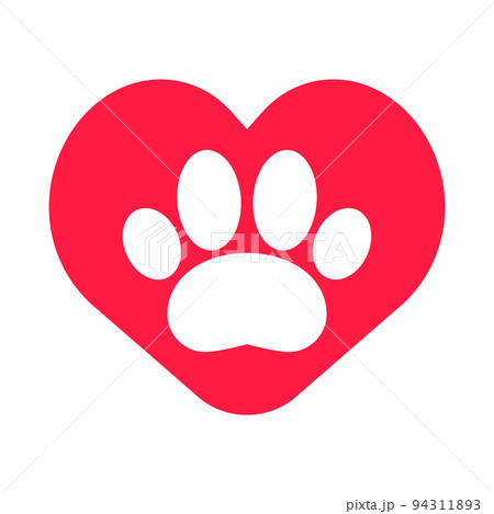 動物への愛。動物愛護。犬や猫の肉球とハートアイコン。ベクター。 94311893