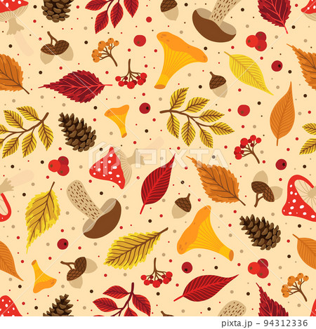 Vector colorful autumn seamless pattern with fall leaves, cone and mushrooms. Vector colorful autumn seamless pattern with fall leaves, cone and mushrooms. 94312336