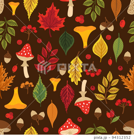 Seamless pattern with acorns, autumn leaves, mushrooms. Perfect for wallpaper, gift paper, pattern fill, autumn greeting cards. 94312352