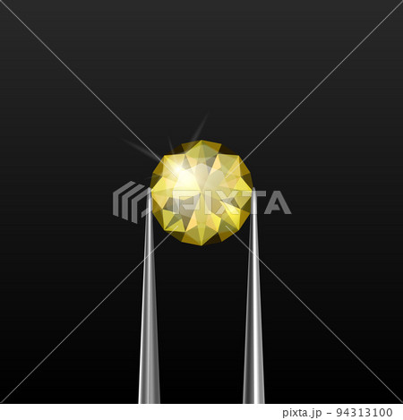 Vector 3d Realistic Transparent Yellow Gemstone, Diamond, Crystal, Rhinestone with Jewelry Tongs Closeup on Black Background. Jewerly Concept. Design Template, Clipart 94313100