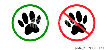動物許可と禁止。ペット飼育可能、ペット飼育不可アイコンセット。ベクター。 94313144