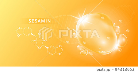 Sesamin drop and structure black sesame extract on orange background. Vitamin complex orange. Food supplement nutrition design. Medical scientific concepts. 3D vector. Sesamin drop and structure black sesame extract on orange background. Vitamin complex orange. Food supplement nutrition design. Medical scientific concepts. 3D vector. 94313652