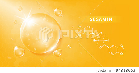 Sesamin drop and structure black sesame extract on orange background. Vitamin complex orange. Food supplement nutrition design. 94313653