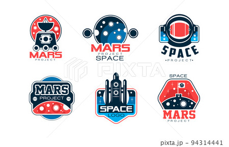 Mars and Space Expedition Project Label with Shuttle and Planet Vector Set Mars and Space Expedition Project Label with Shuttle and Planet Vector Set 94314441
