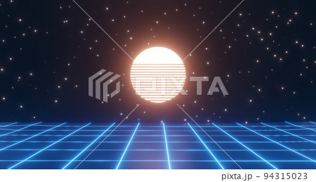 3d render, neon glowing retro wireframe with sun poster 94315023