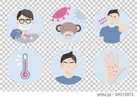 Set icons symptoms infographic of monkeypox virus 2022. Vector flat illustration for medical concept. 94315072