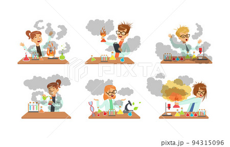 Children Scientist at Table with Exploded Flask with Chemicals After Failed Experiment Vector Set 94315096